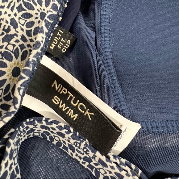 Niptuck Onepiece Bathing Suit Size 4 Crisscross Ruffle Top Navy Patterned Swim - Picture 7 of 8